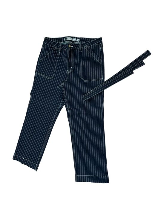 Hydraulic Pants - 90s HYDRAULIC COTTON NAVY DENIM W WHITE PIN STRIPE & SASH WIDE LEG PANT SZ 16